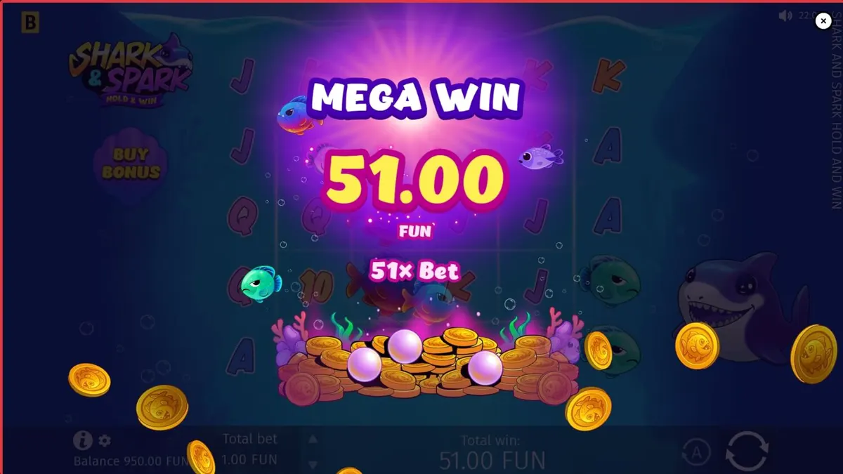 Karakter Little Shark dalam slot Shark & Spark Hold & Win